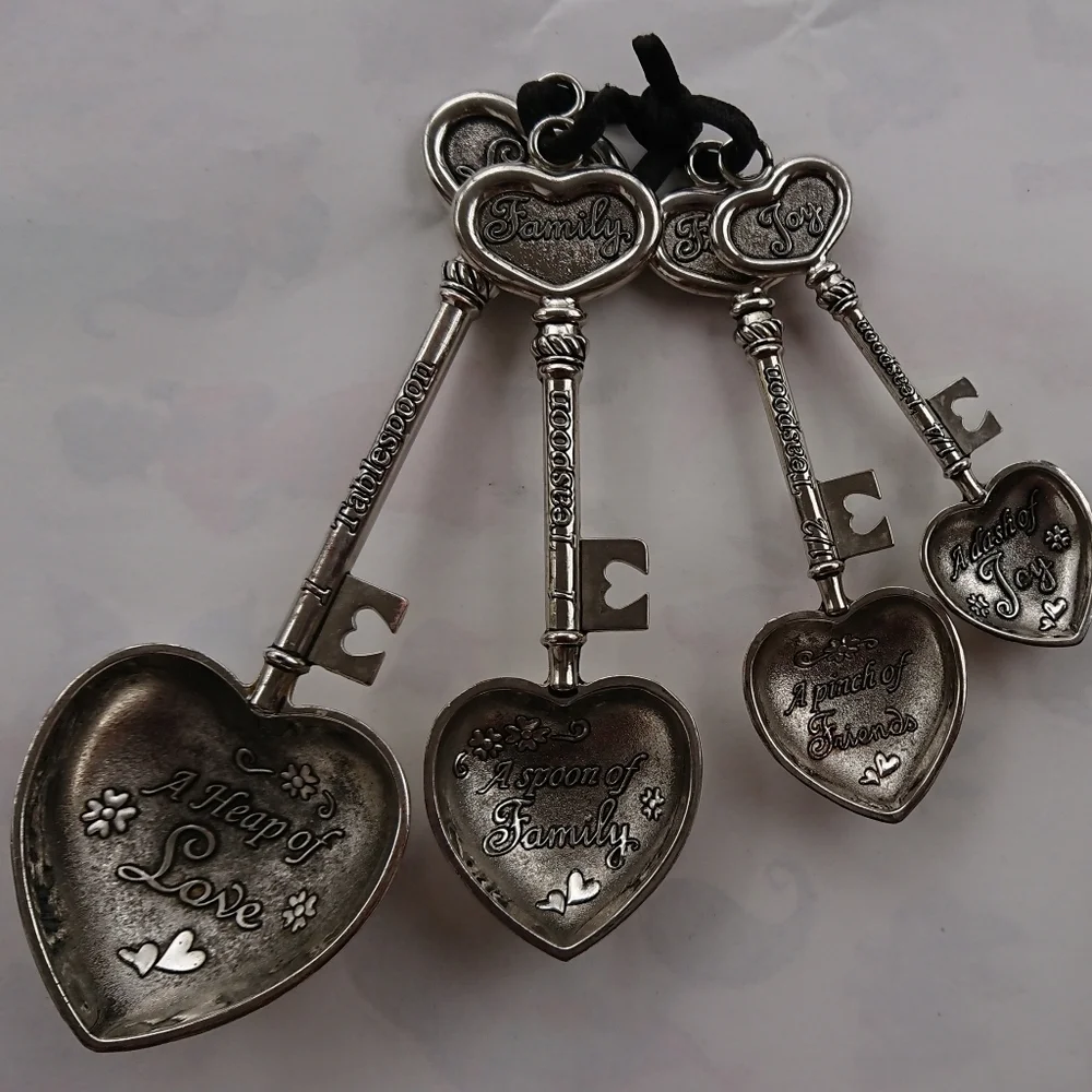 4 Measuring Spoons- Key Hearts Silver Tone